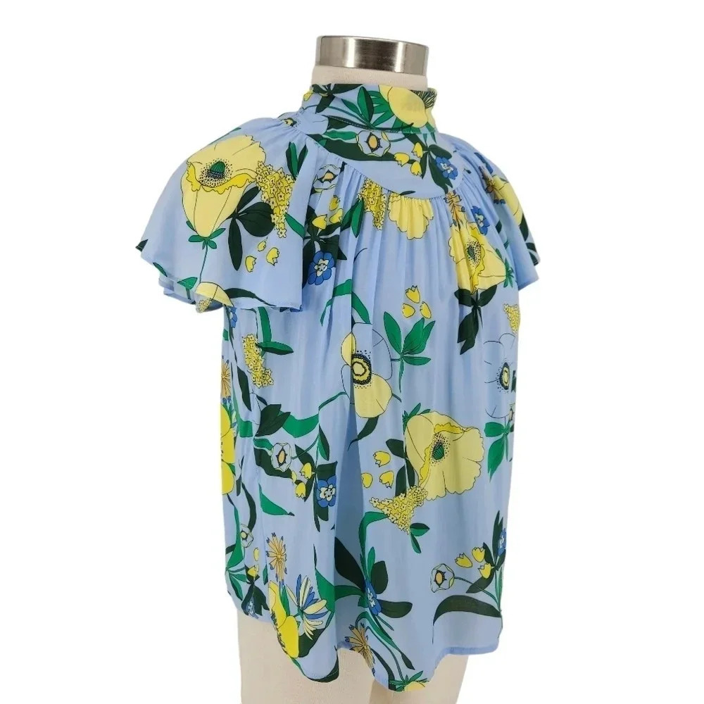 INC Shirt Blue Mabel Bouquet Floral Flutter Short Sleeve Tie Top Petite - Picture 3 of 9